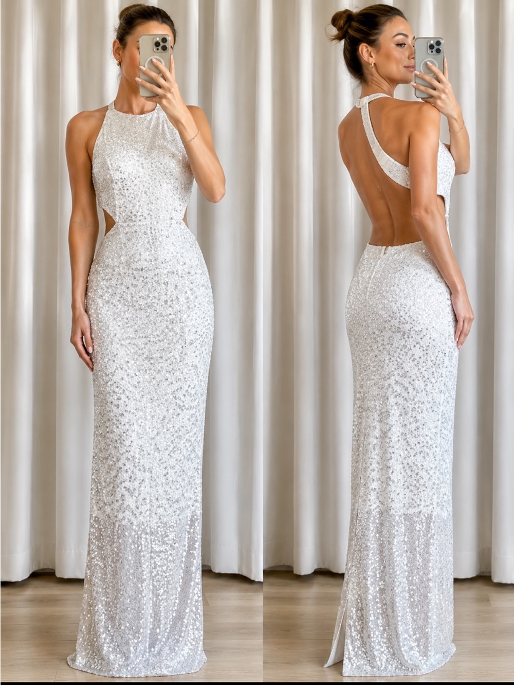 Cache white sliver and nud sequins halter maxi dress size 6